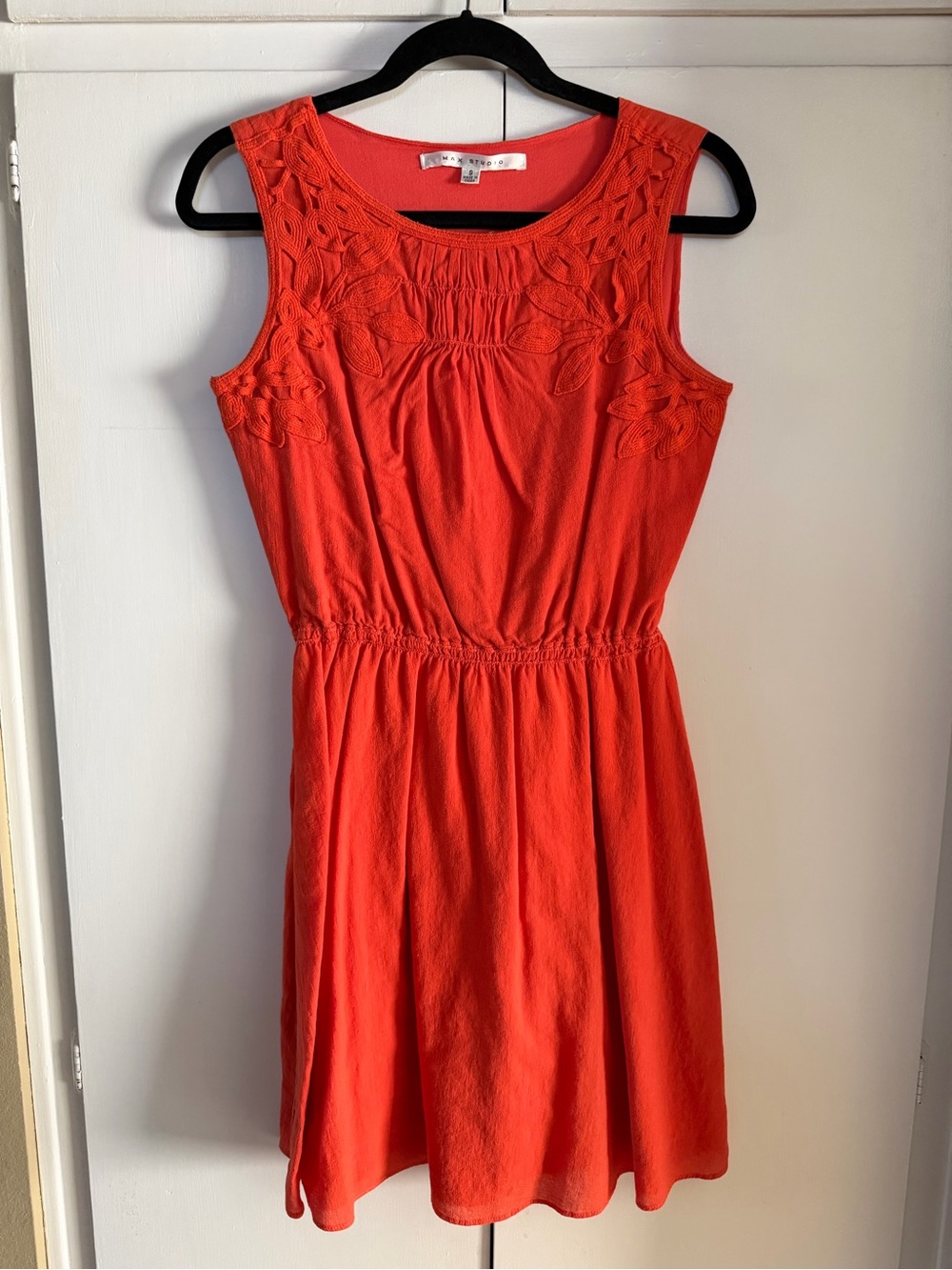 Max Studio Coral-Red Sleeveless Mini Dress with Embroidered Yoke